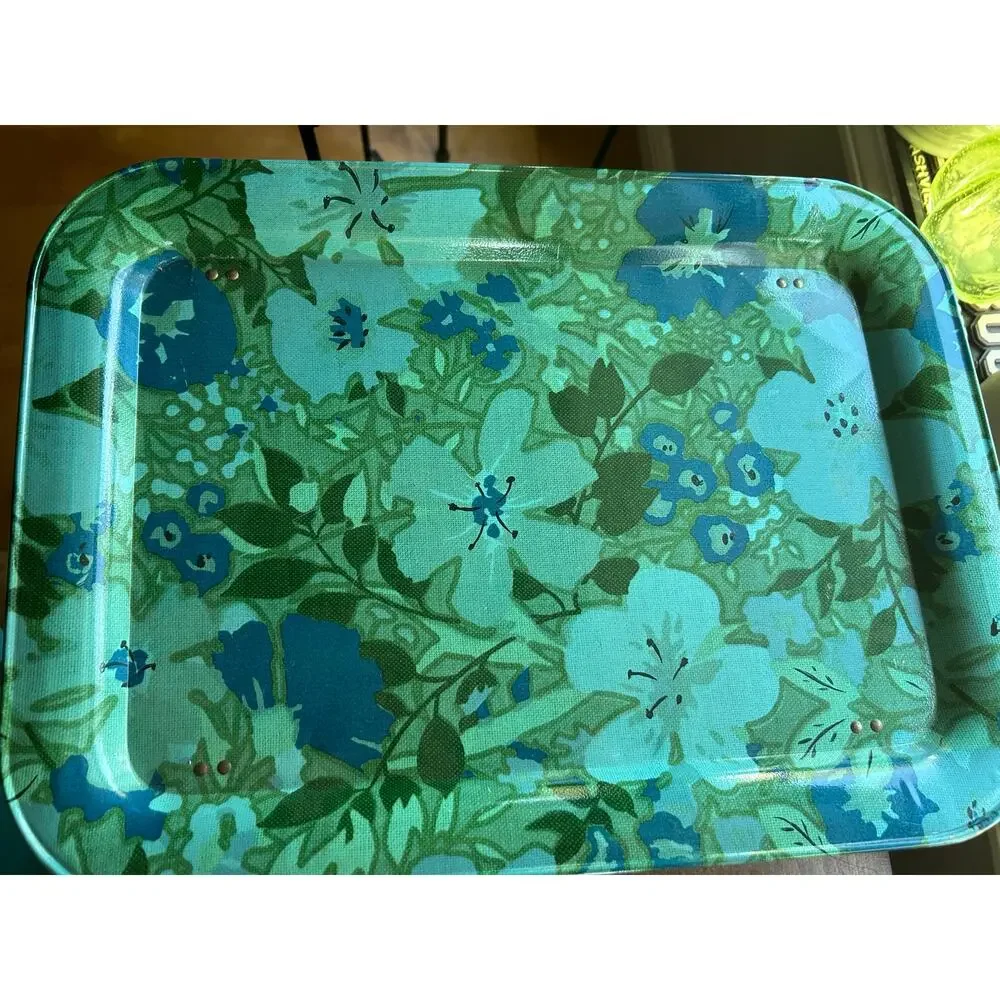 VTG 1960’S-70’S Metal Floral Design TV Tray Table blue green MCM